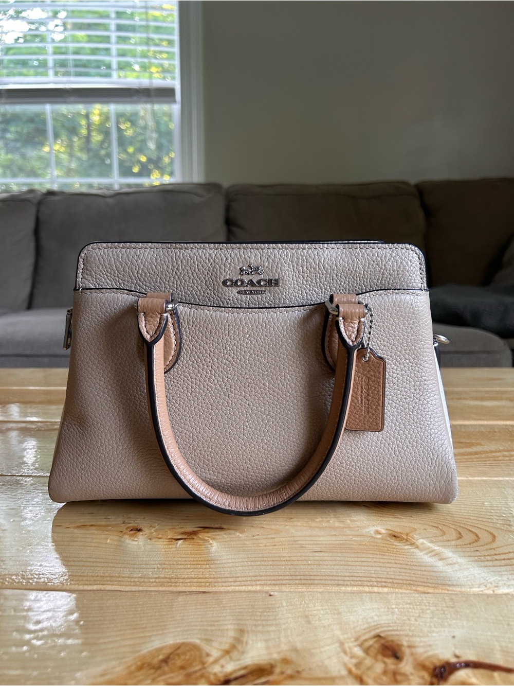 Coach Pebbled Leather Satchel in Taupe with Tan Handles